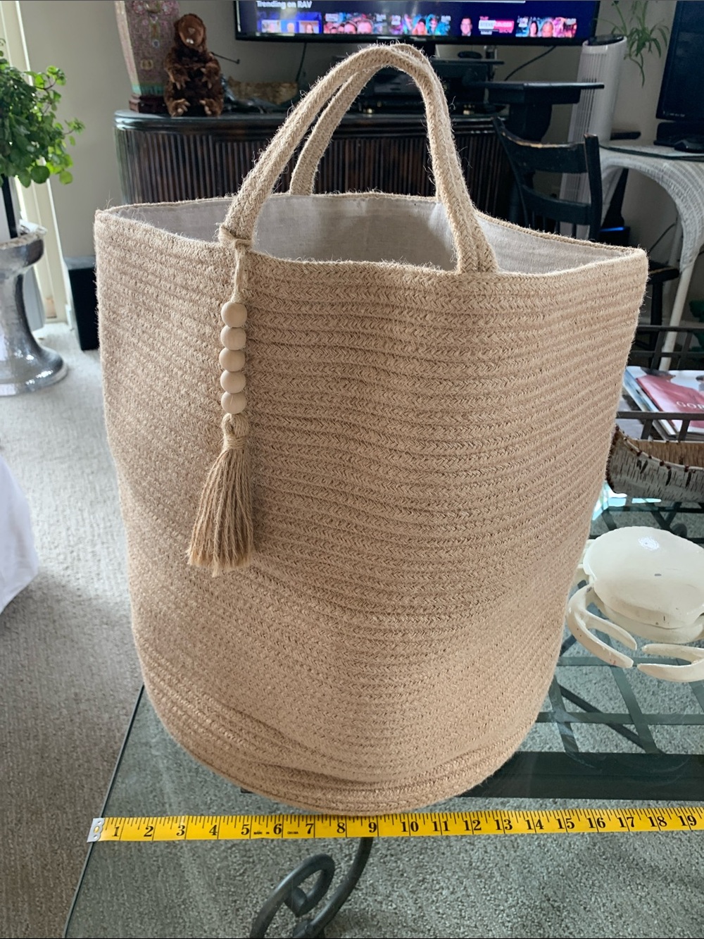 NEW Go Big or Go Home! 24”tall Natural Woven XL Beach/Laundry Bag Tassel 19”W